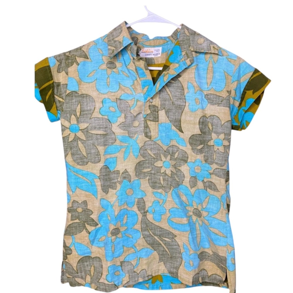 Surf Line Hawaii Liberty House Vintage Floral Popover Shirt Blue Green Womens